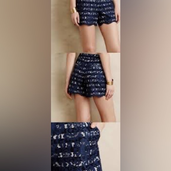 Anthropologie Cartonnier Scalloped Hem stripe/lace mix short navy 00 PETITE - Picture 3 of 4